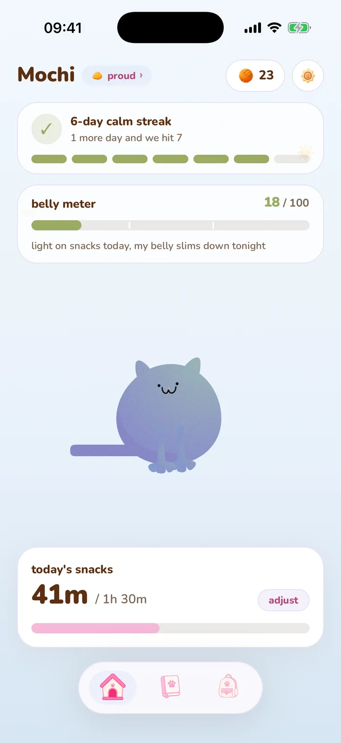 Catto home screen showing your cat and daily screen-time progress